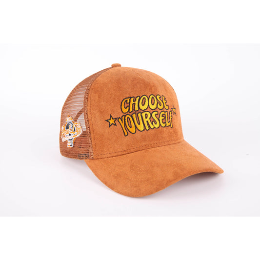 Choose Yourself Brown-Orange Suede Trucker Hat